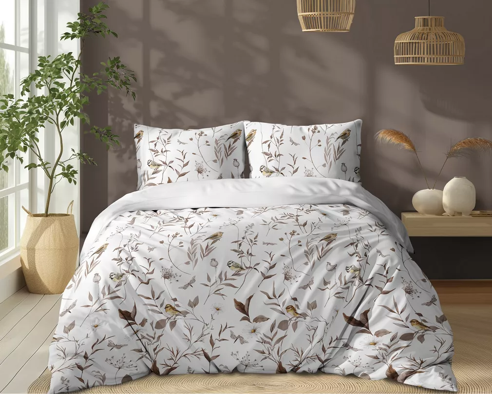 Pościel bawełniana 220x200 Detexpol biała brązowa liście ptaki gałązki