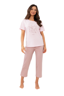 Piżama damska REGINA kod 4009 różowa botaniczny nadruk na t-shircie