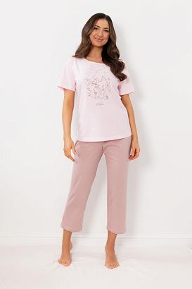 Piżama damska REGINA kod 4009 różowa botaniczny nadruk na t-shircie