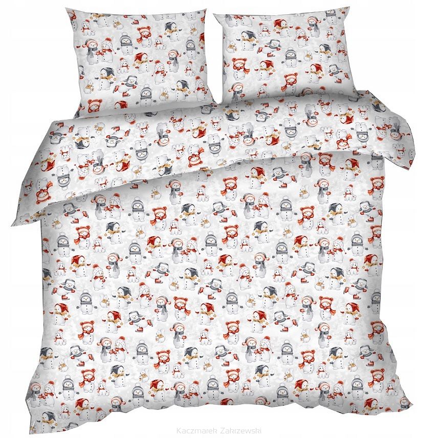 Pościel bawełniana świąteczna 160x200 szara zimowe bałwanki
