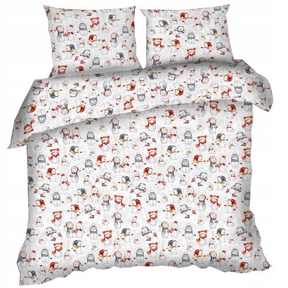 Pościel bawełniana świąteczna 160x200 szara zimowe bałwanki