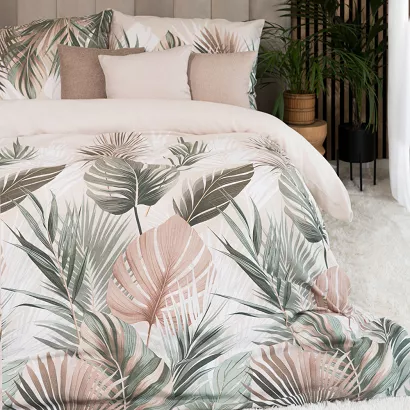 Komplet pościeli LUSH z bawełny satynowej 160x200 kremowa oliwkowa beżowa egzotyczne liście