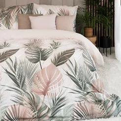 Komplet pościeli LUSH z bawełny satynowej 160x200 kremowa oliwkowa beżowa egzotyczne liście