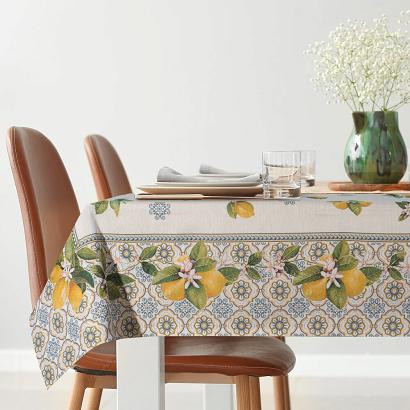 Obrus dekoracyjny gobelin 140x180 Eurofirany naturalny naturalny żółty niebieski cytryny kwiaty