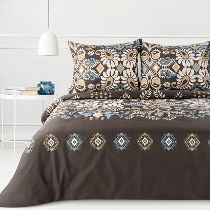 Pościel bawełniana Classic Deluxe SARA 200x220 Eurofirany brązowa beżowa niebieska etniczne kwiaty