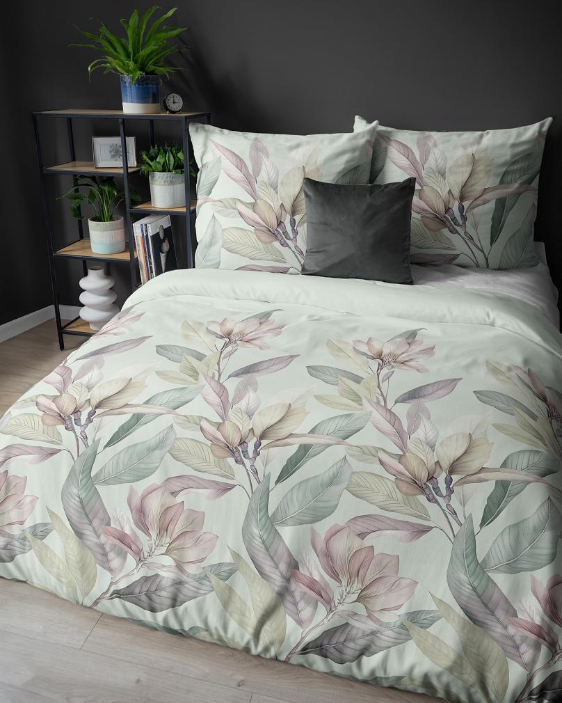 Pościel satynowa 220x200 Detexpol szałwiowa wrzosowe beżowe magnolie