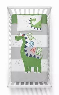 Pościel dziecięca bawełna bambus Mayamoo 90X120 Dinozaury pasy biała szara zielona