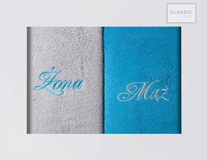 Komplet ręczników 2 szt. 70x140 Eurofirany MĄŻ ŻONA popielaty turkusowy