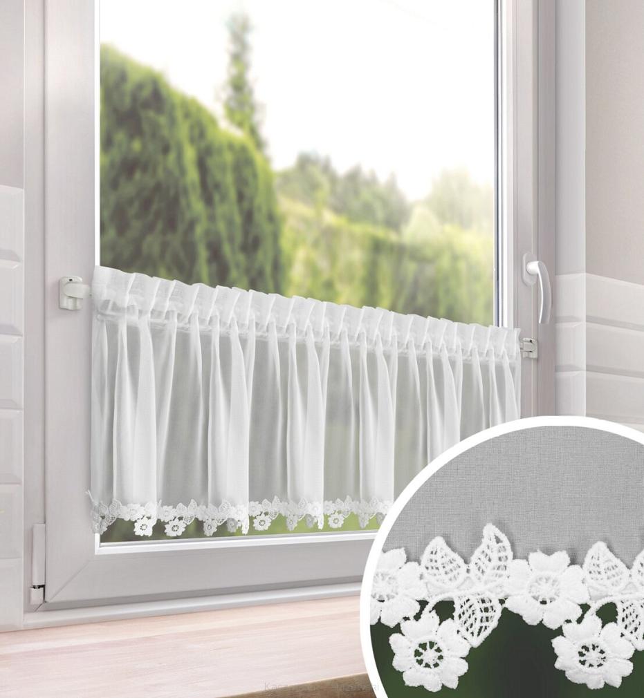 Zazdrostka gotowa na taśmie LILI 130x50 Eurofirany biała z kwiatowym wykończeniem na dole