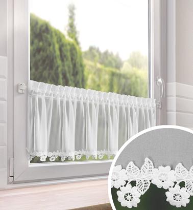 Zazdrostka gotowa na taśmie LILI 150x30 Eurofirany biała z kwiatowym wykończeniem na dole