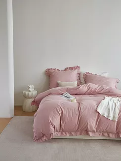 Pościel satyna bawełniana 140x200 Ruffy Premium pudrowa z falbanką