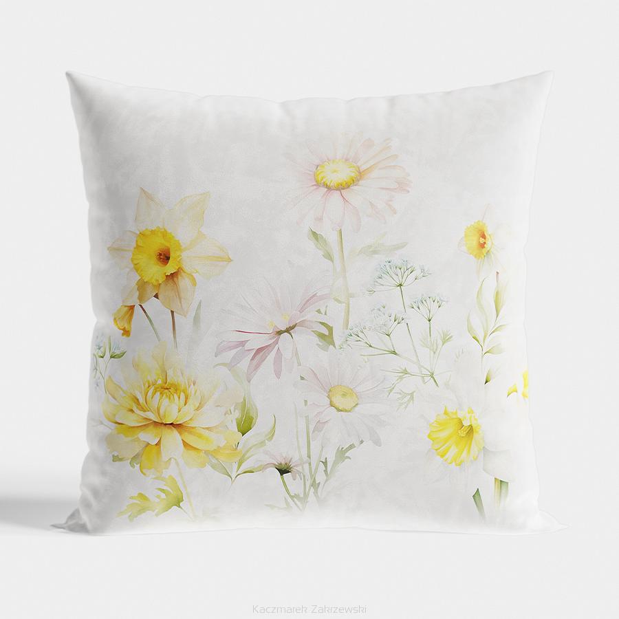 Poszewka dekoracyjna WIOSENNA POLANA 40x40 welwetowa biała żółta kwiaty