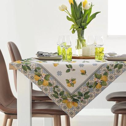 Obrus dekoracyjny gobelin 100x100 Eurofirany naturalny niebieski żółty cytryny
