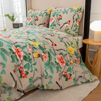 Pościel polarowa 220x200 welur szarobeżowa zielona różowa ptaki wśród róż