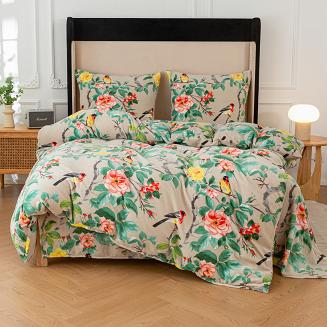 Pościel polarowa 220x200 welur szarobeżowa zielona różowa ptaki wśród róż