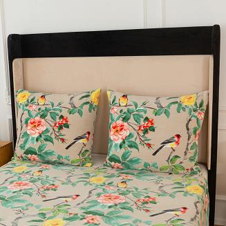 Pościel polarowa 220x200 welur szarobeżowa zielona różowa ptaki wśród róż