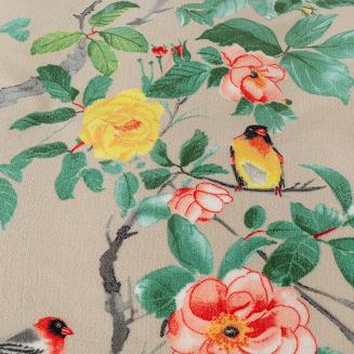 Pościel polarowa 220x200 welur szarobeżowa zielona różowa ptaki wśród róż