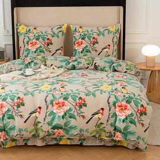 Pościel polarowa 220x200 welur szarobeżowa zielona różowa ptaki wśród róż