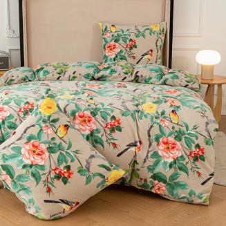 Pościel polarowa 220x200 welur szarobeżowa zielona różowa ptaki wśród róż