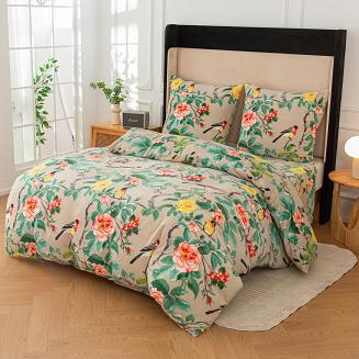Pościel polarowa 220x200 welur szarobeżowa zielona różowa ptaki wśród róż