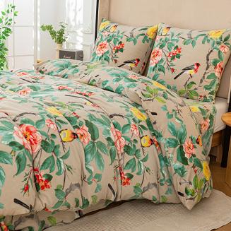 Pościel polarowa 220x200 welur szarobeżowa zielona różowa ptaki wśród róż