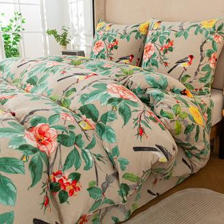 Pościel polarowa 220x200 welur szarobeżowa zielona różowa ptaki wśród róż