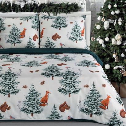 Komplet pościeli świąteczny ROLAND 220x200 Eurofirany biała zielona ruda liski wiewiórki choinki
