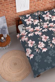 Pościel flanelowa 220x200 granatowa różowa kwiaty magnolii