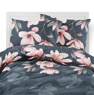 Pościel flanelowa 220x200 granatowa różowa kwiaty magnolii