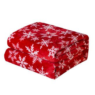 Koc polarowy świąteczny 160x200 czerwony biały w śnieżynki