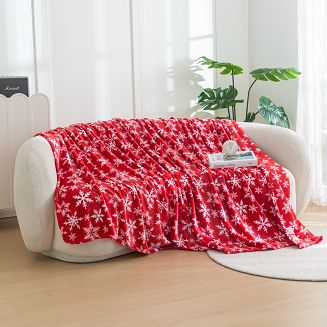 Koc polarowy świąteczny 160x200 czerwony biały w śnieżynki