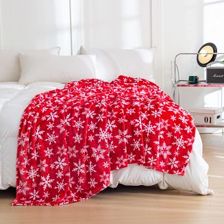 Koc polarowy świąteczny 160x200 czerwony biały w śnieżynki