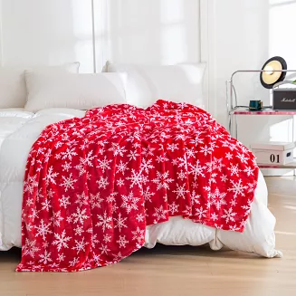 Koc polarowy świąteczny 160x200 czerwony biały w śnieżynki