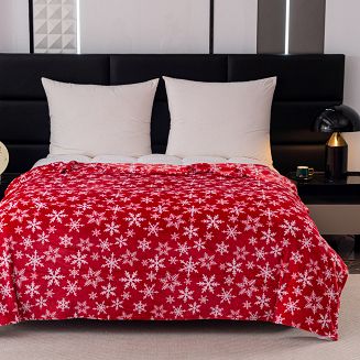 Koc polarowy świąteczny 160x200 czerwony biały w śnieżynki