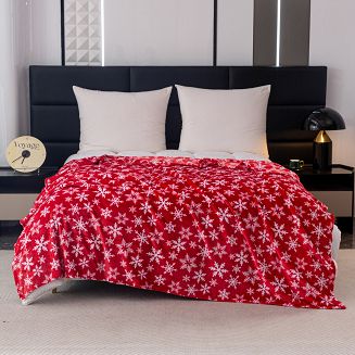 Koc polarowy świąteczny 160x200 czerwony biały w śnieżynki