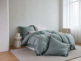 Pościel satyna bawełniana 220x200 Ruffy Premium szałwiowa z falbanką