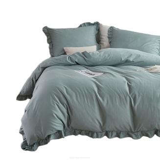 Pościel satyna bawełniana 220x200 Ruffy Premium szałwiowa z falbanką