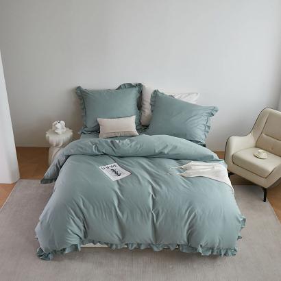 Pościel satyna bawełniana 220x200 Ruffy Premium szałwiowa z falbanką