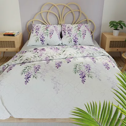 Komplet pościeli LAVANYA z bawełny satynowej 160x200 biała fioletowa kwiaty glicynii