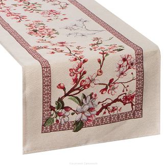 Bieżnik obrus dekoracyjny gobelin THAI 45x140 Eurofirany naturalny różowy kwitnąca wiśnia