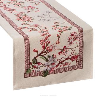 Bieżnik obrus dekoracyjny gobelin THAI 45x140 Eurofirany naturalny różowy kwitnąca wiśnia
