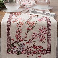 Bieżnik obrus dekoracyjny gobelin THAI 45x140 Eurofirany naturalny różowy kwitnąca wiśnia