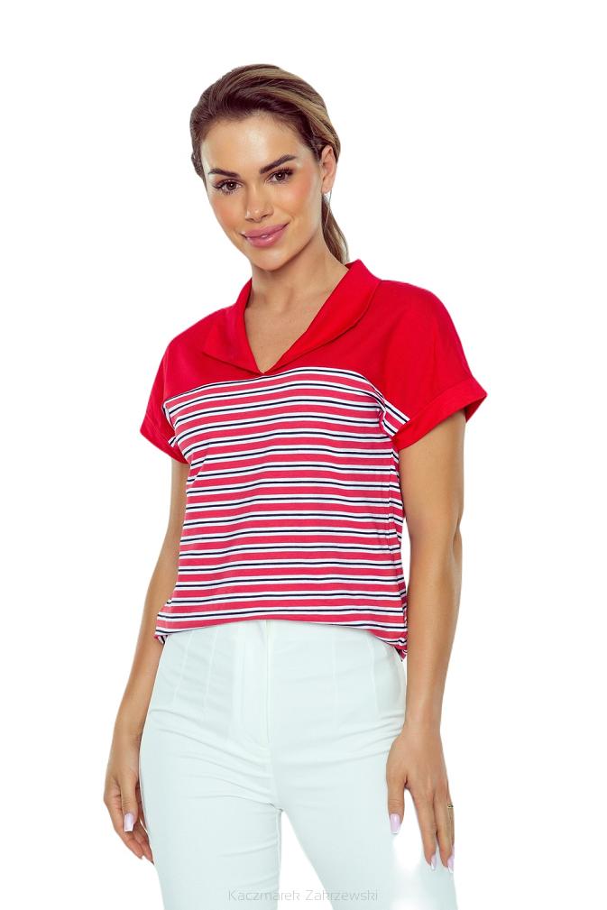 Bluzka damska w paski z kołnierzykiem Tatina czerwona biała