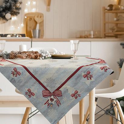 Obrus świąteczny gobelinowy 100x100 Eurofirany popielaty czerwony srebrny kokardy śnieżynki