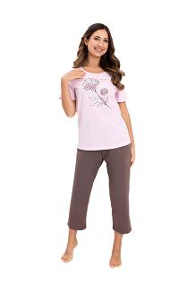 Piżama damska REGINA kod 734 różowa duży botaniczny nadruk na t-shircie