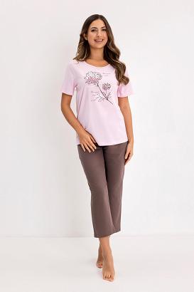 Piżama damska REGINA kod 734 różowa duży botaniczny nadruk na t-shircie