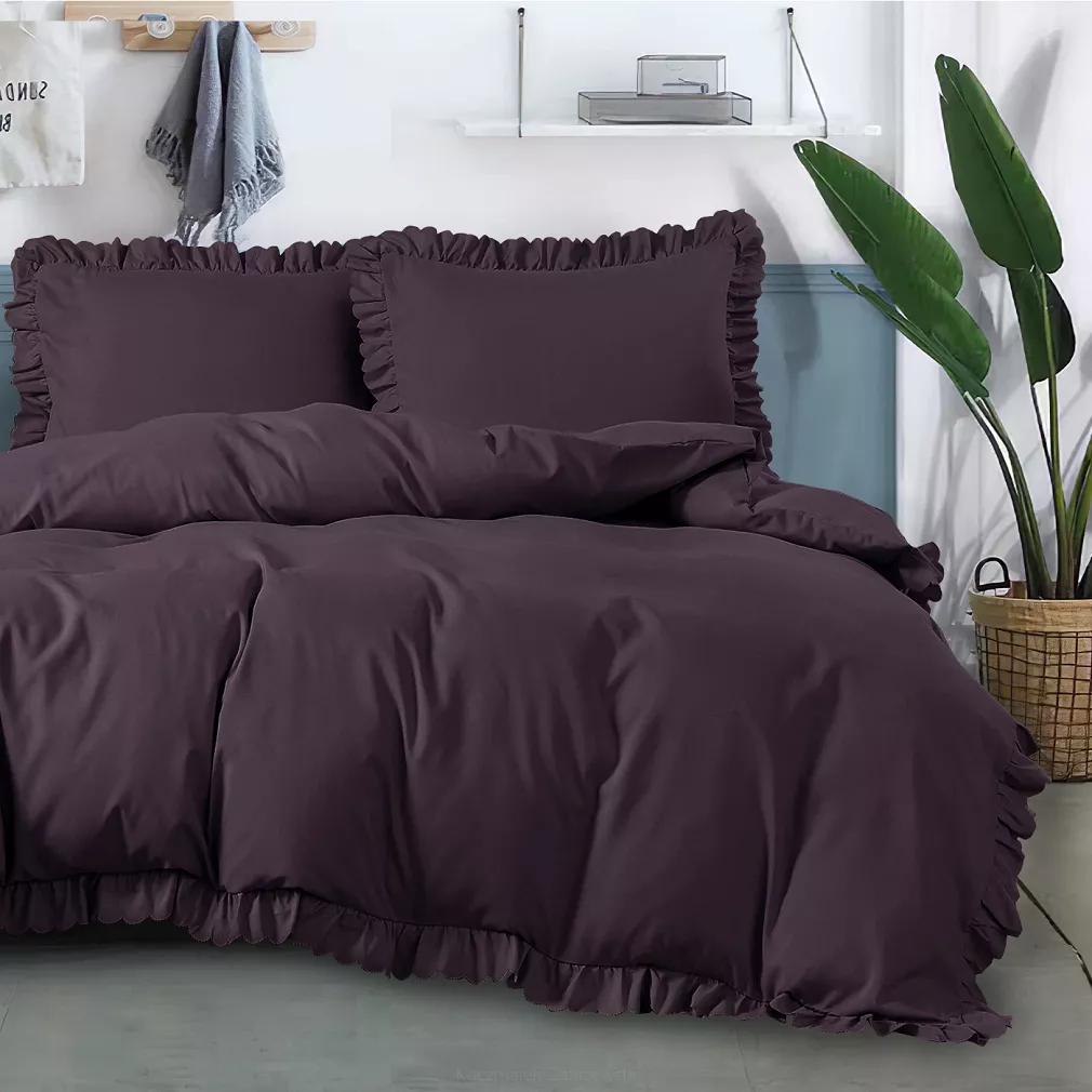 Pościel 160x200 ciemna oberżyna z falbankami