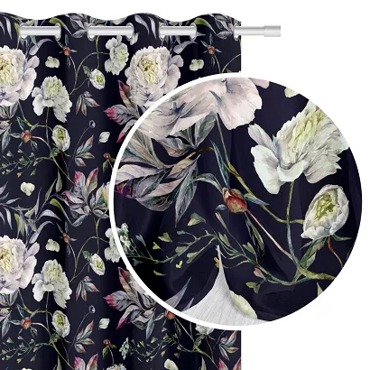 Zasłona gotowa na przelotkach PEONY 140x250 czarna kwiaty peonii