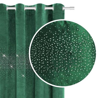 Zasłona gotowa na przelotkach Shiny 140x250 welurowa z kryształkami butelkowa zieleń