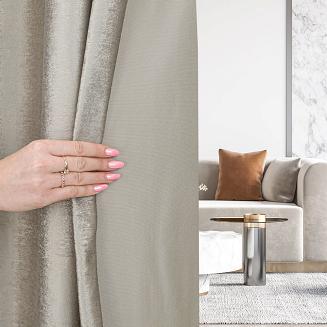 Zasłona gotowa na przelotkach ELEONORA 140x250 szarobeżowa ze złotym nadrukiem